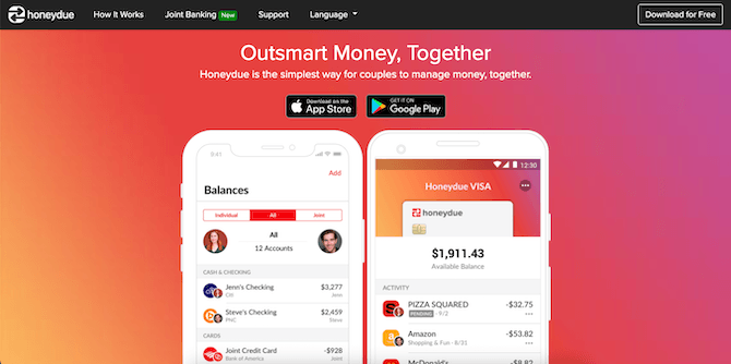 The HoneyDue homepage hero design is simple. It has an orange-purple gradient background, the message “Outsmart Money, Together”, app store links, and smartphone graphics that show how a couple would manage their bills and spending together.