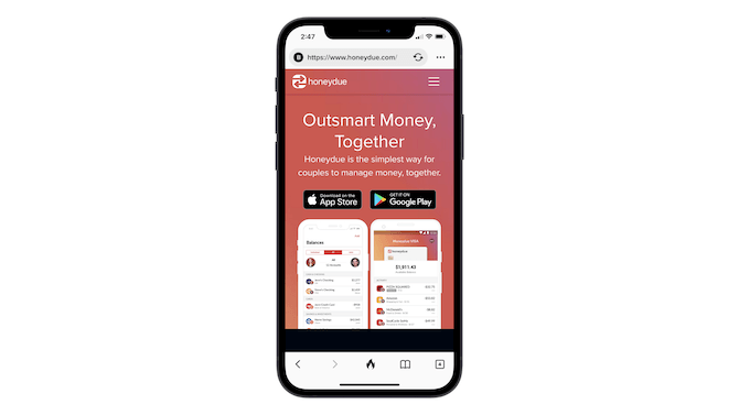 What the HoneyDue homepage hero design looks like on mobile. It has an orange-purple gradient background, the message “Outsmart Money, Together”, app store links, and smartphone graphics that show how a couple would manage their bills and spending together.