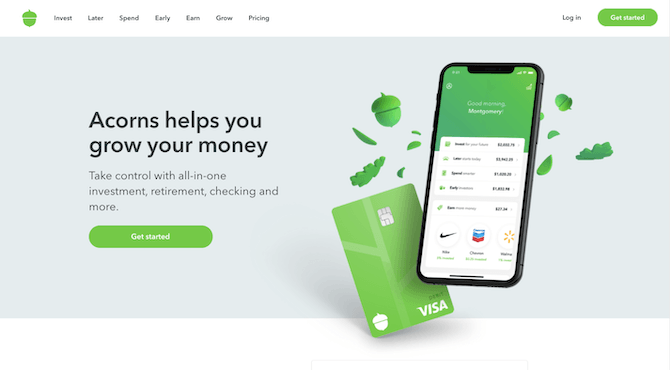 Acorn’s homepage hero image is simple in design. The background is a dusty light blue color. On top of that is a brief message explainin how “Acorns helps you grow your money” alongside images of the mobile app and VISA card.