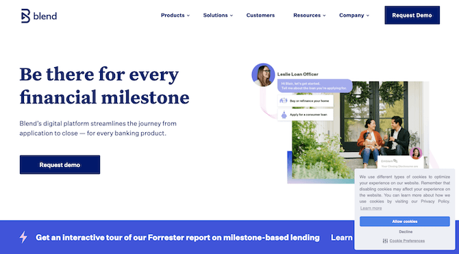 The Blend homepage hero image is overshadowed by two distractions. The first is a small pop-up widget that accepts visitors to “Allow Cookies” or “Decline”. The second is a sticky bar promoting a Forrester report.