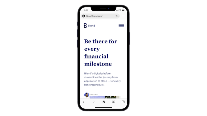 Part of the hero image is visible on the Blend mobile website. “Be there for every financial milestone” headline is present as is a brief description of the banking product.