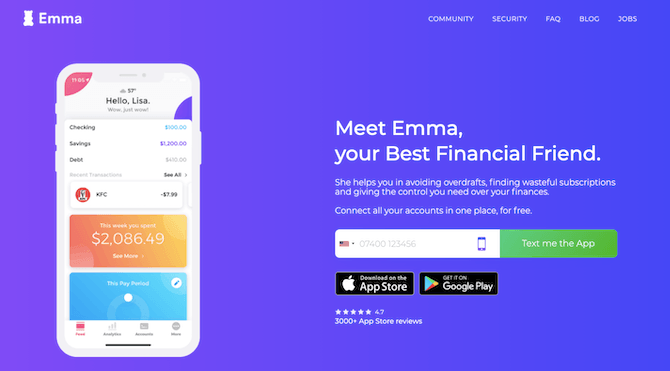 The homepage for mobile app Emma is designed like other fintech homepages. However, this one includes a 4.7-star rating from 3000+ App Store reviews to help build trust.