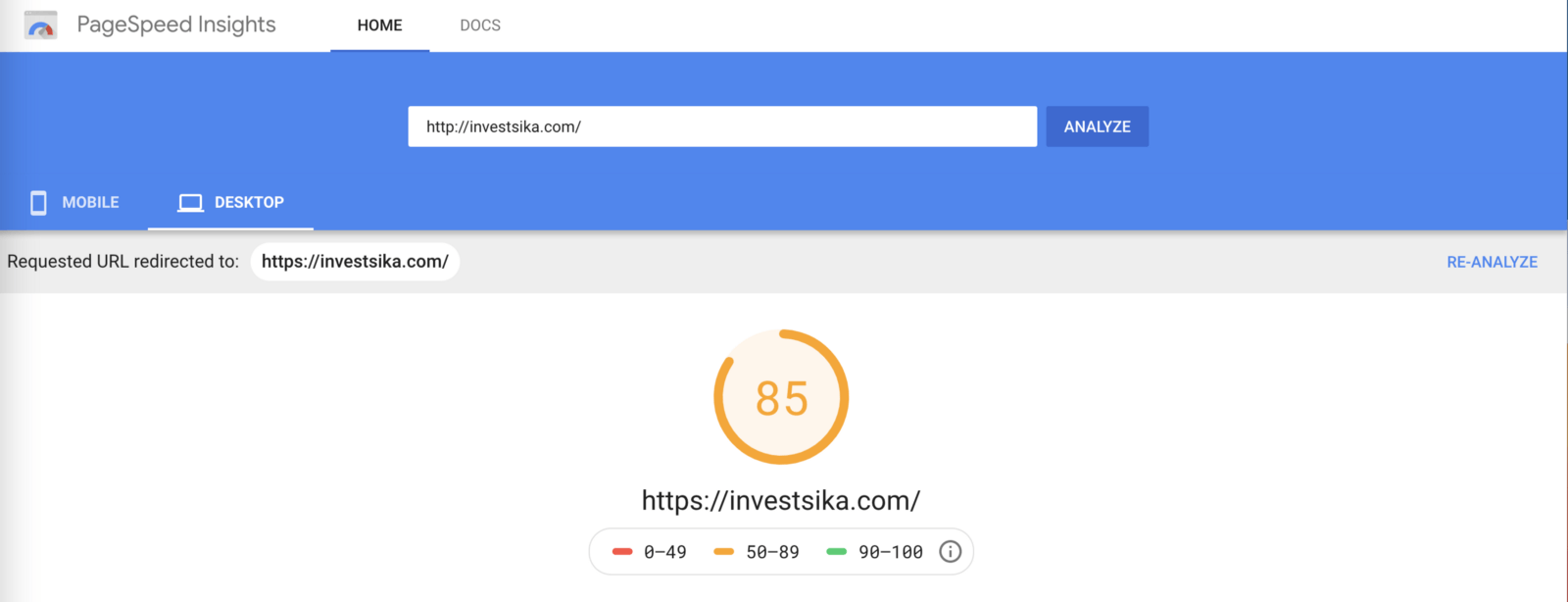 PageSpeed of investsika.com shows 85 in yellow.