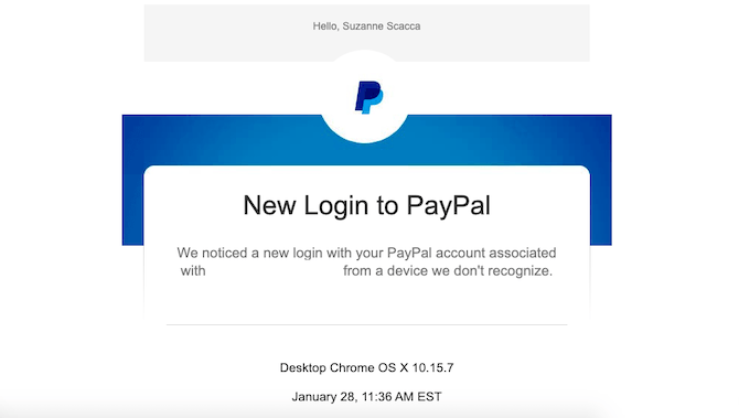 PayPal new login email alerts users to logins associated with unrecognized devices. It provides the device, browser and version along with the date of login to help verify the activity.