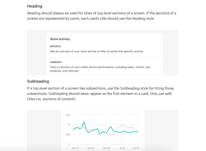 The Shopify design system explains to designers when to use the heading and subheading styles within its pages. Examples are provided to show how headings are used for titles of top-level sections while subheadings are used for sections beneath.