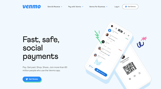 The Venmo homepage briefly sums up what the product does — “Fast, safe, social payments” and pairs it alongside images of the actual app. The call-to-action then invites visitors to “Get Venmo”.