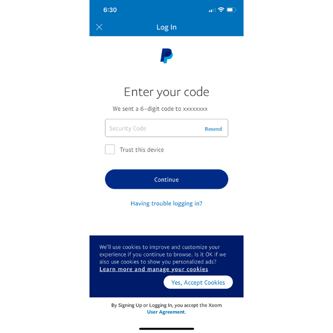 This is the Xoom two-factor authentication verification screen. After a user logs in, they must request a six-character code, retrieve it from their mobile messages and input it in the field.