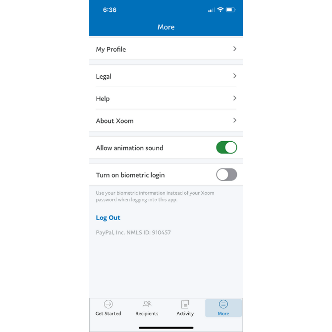 Xoom users can replace the traditional login process by turning on biometric login from their settings. 