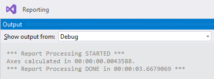 Rendering output, Show output from: Debug. Shows times to complete report processing