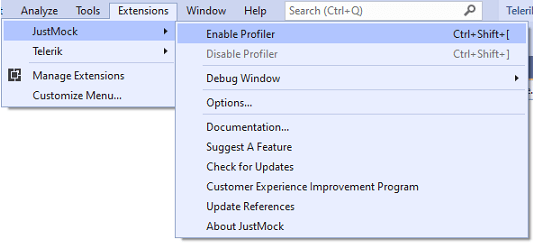 Extensions > JustMock > Enable Profiler.