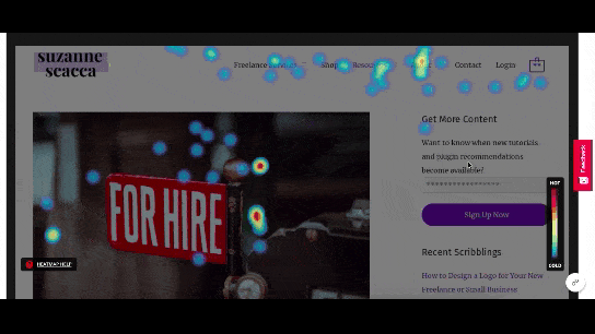 This GIF from Hotjar shows a heatmap in “Move” mode. It scrolls through a blog page from top to bottom, showing various areas of the page highlighted in blue where the visitors’ cursors move.