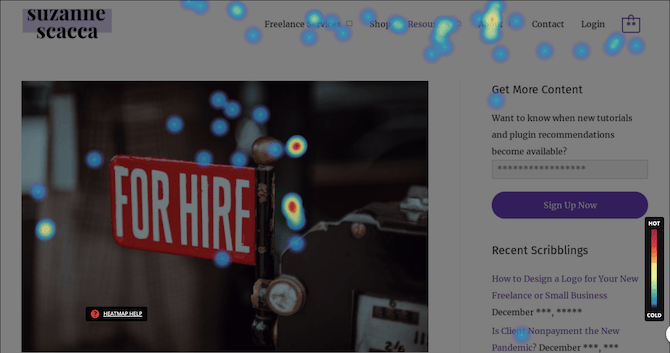 An example of a Hotjar heatmap set to “Move” mode. At the top of this page, visitors’ movements are primarily relegated to the top navigation bar.