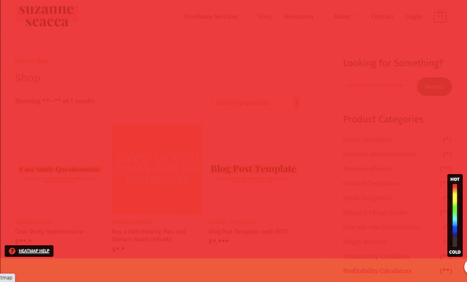 An example of a Hotjar heatmap in Scroll mode. The majority of the top of the page is is bright red, indicating that 100% of visitors made it to the page fold.