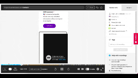 A Hotjar recording session that takes place on mobile. The Hotjar user can watch as the mobile visitor fills in the contact form fields: Name, Company/Website, Email, and Notes.