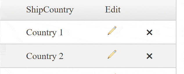 The ShipCountry list shows edit icons, which change on hover, increasing in size and changing color from yellow to light blue.