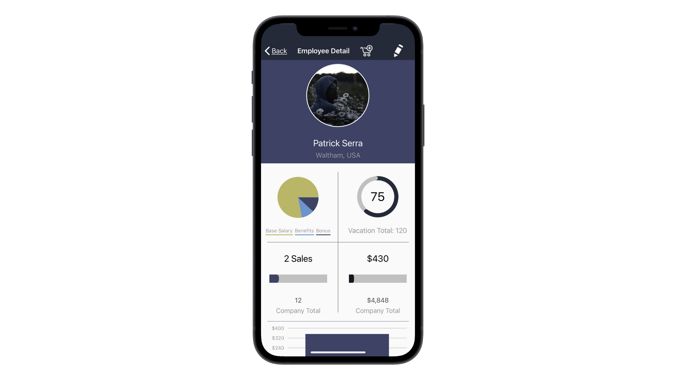 A Telerik CRM sample shows how data visualizations appear under the employee profile for Patrick Serra. A pie chart shows the employee’s salary compared to benefits, vacation days, used, number of sales, and monetary value of sales.