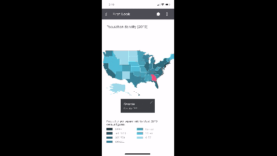 This is a map component from Telerik UI for Xamarin. This GIF shows how an interactive map works when the user clicks on different states, like Georgia, Illinois, Kansas, Nebraska, and California.