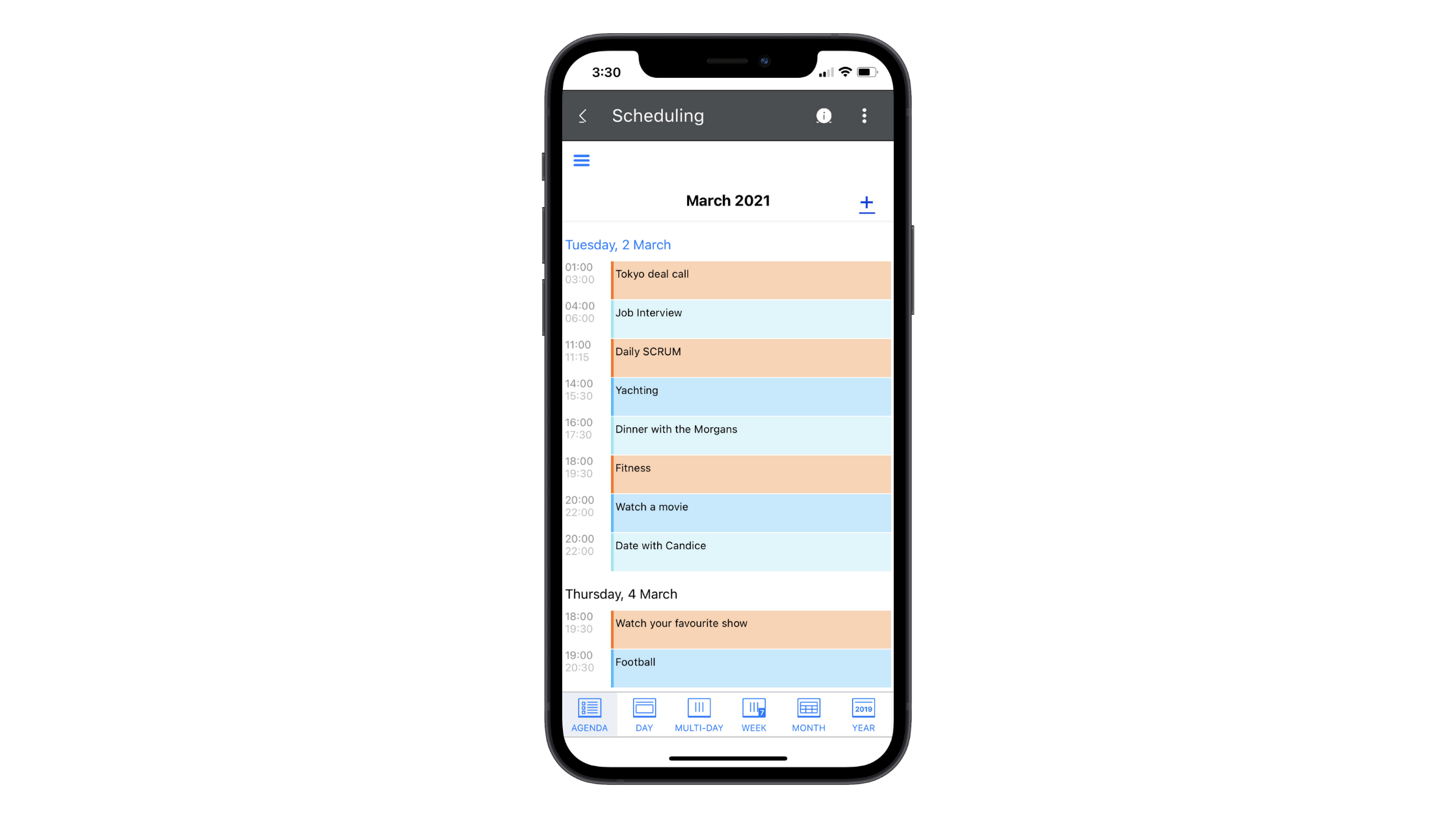 This scheduling component is part of the Telerik UI for Xamarin library. In this example, we see what a schedule for March 2021 looks like in the Agenda view.