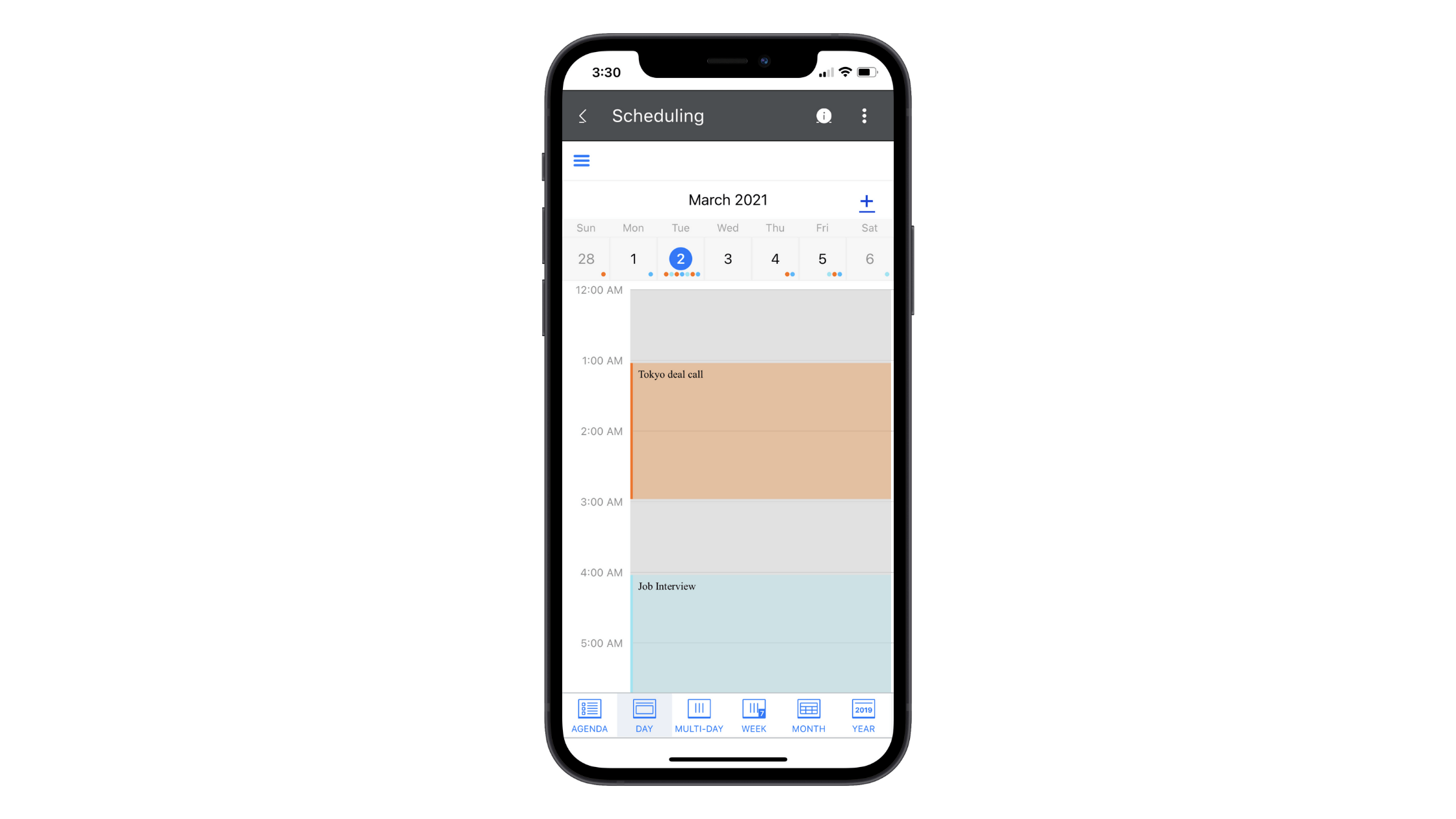 This scheduling component is part of the Telerik UI for Xamarin library. In this example, we see what a schedule for March 2021 looks like in the Day view.