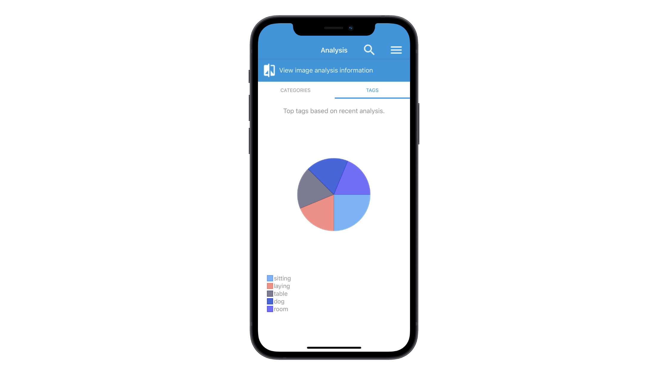 An example pie chart from Telerik’s TagIt app provides a corresponding legend beneath it. The colored pie wedges correspond to: sitting, laying, table, dog, and room.