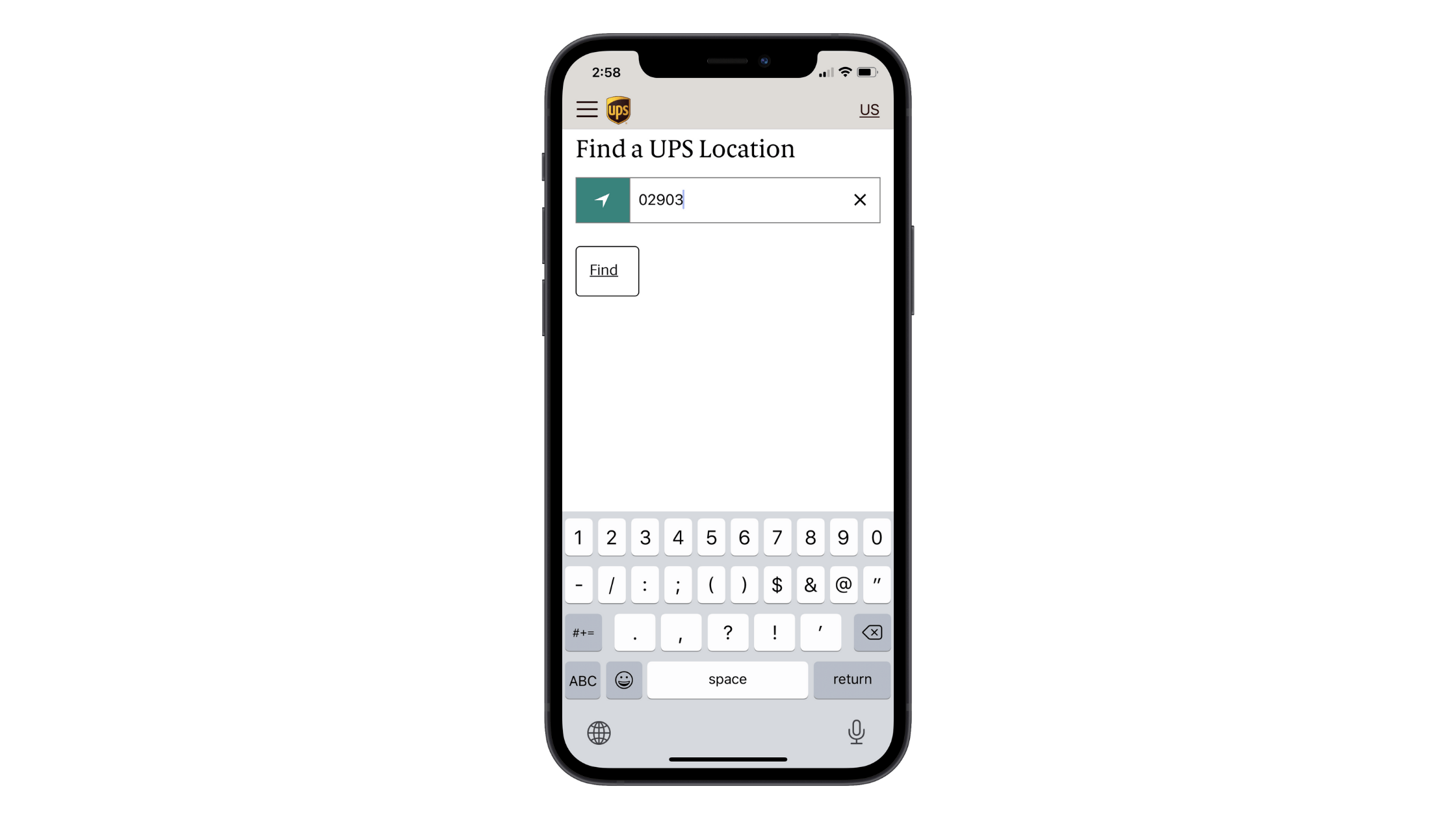 UPS mobile app users can “Find a UPS Location” by entering their zip code into the search box and clicking “Find”.