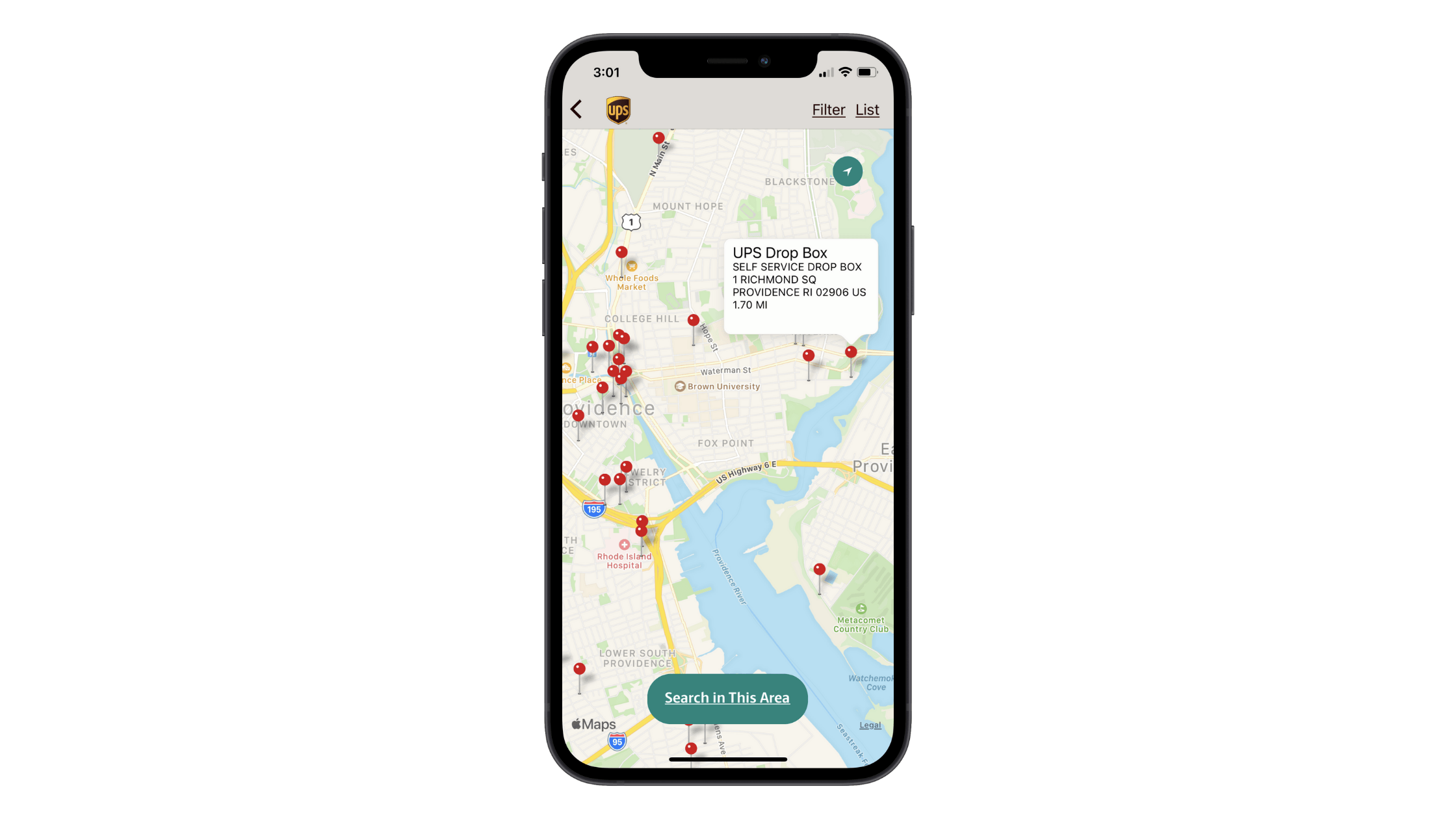 UPS mobile app users can map their location search results. Each of the red pins can be clicked to reveal corresponding information about the type of UPS location, its address, and its distance from the user.