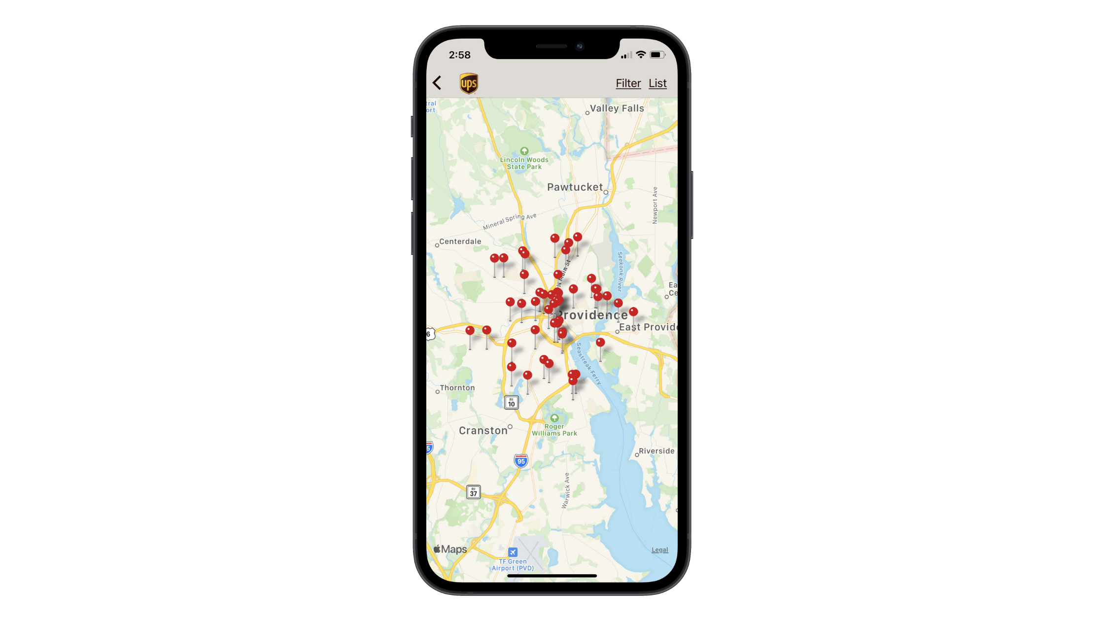 UPS mobile app provides users with the option to search for locations by map. This map shows dozens of red pins in and around the city of Providence, RI.