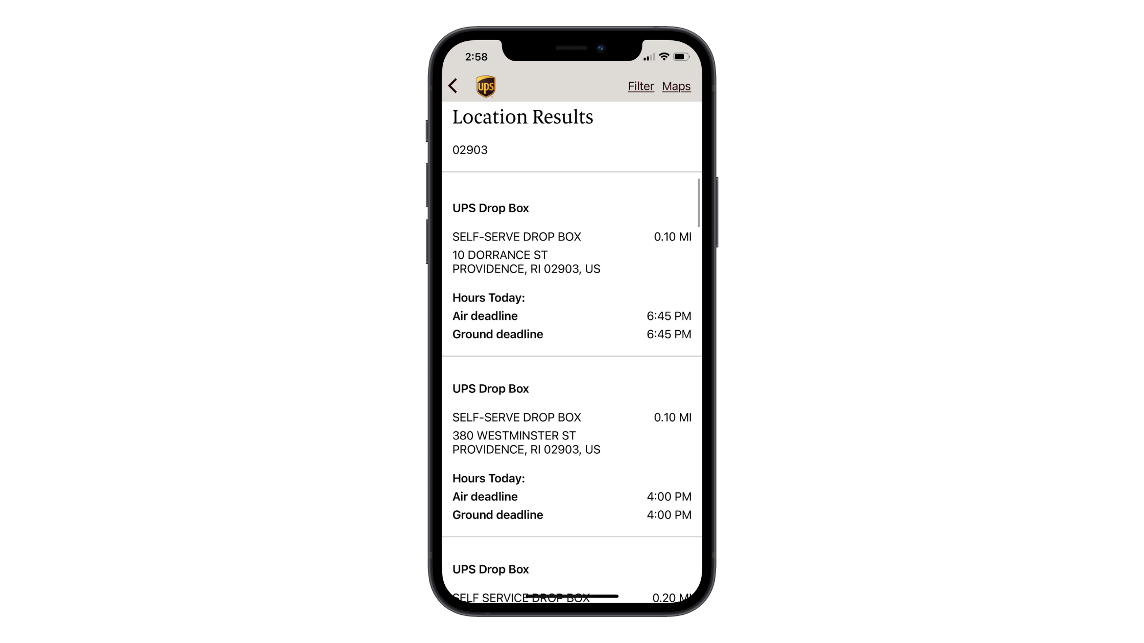 A search for UPS locations near zip code 02903 in the mobile app yields results for UPS drop box locations on 10 Dorrance St and 380 Westminster St in Providence, RI.