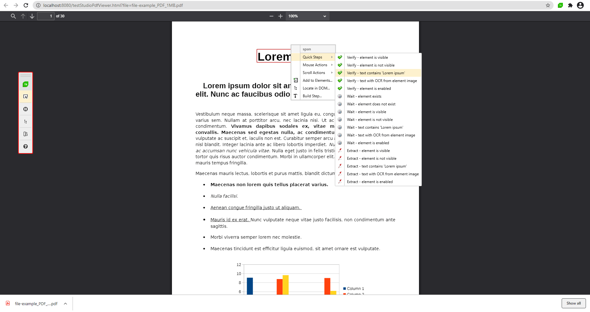 Open File to Validate PDF Content. Shows a menu with Quick steps > Verify - test contains Lorem ipsum.