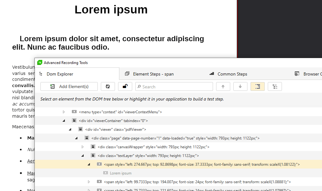 Select an element from the DOM to build a test step