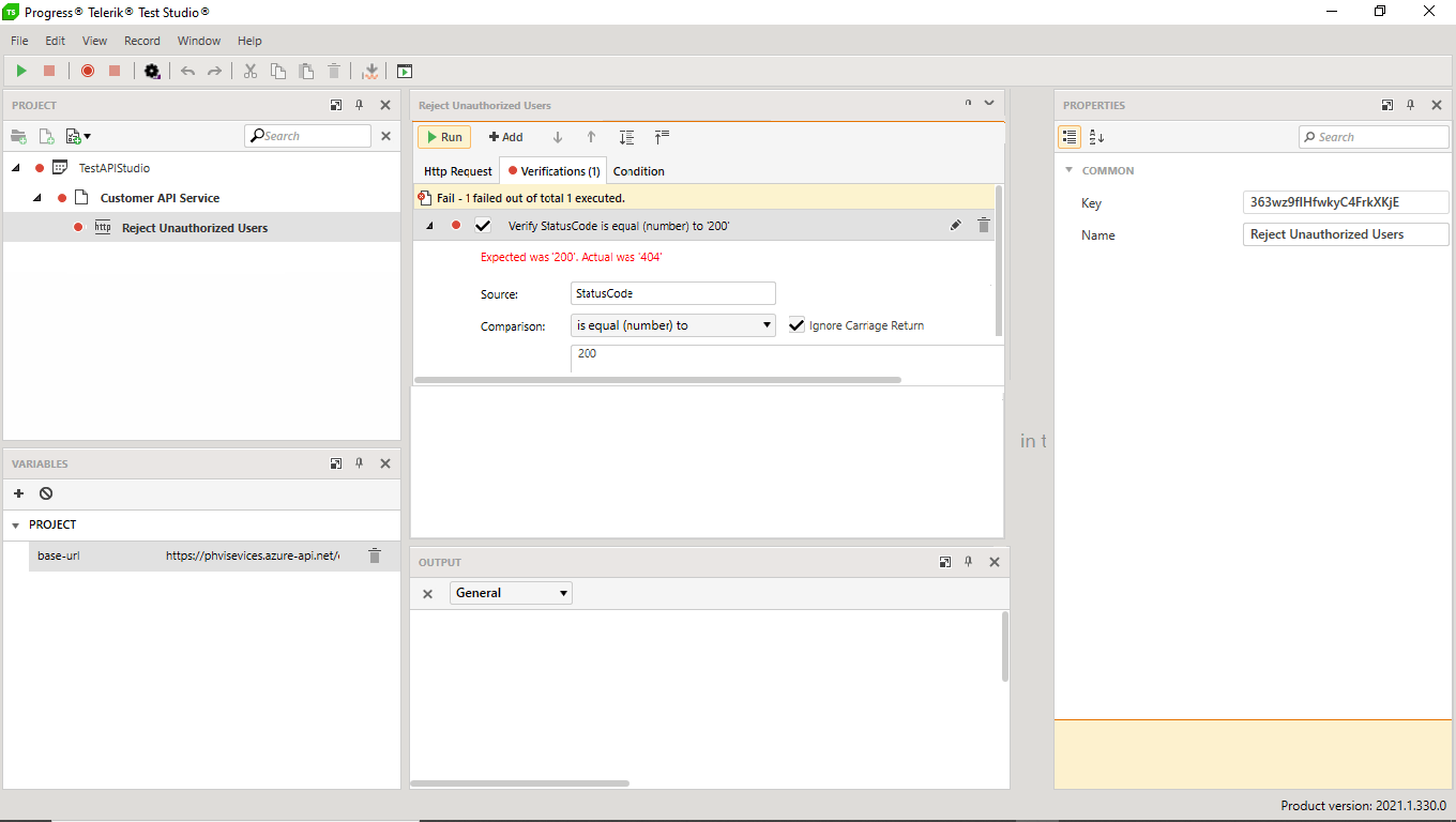 API testing: Test Studio for APIs showing the result of calling a service that doesn’t exist. The project, test, and step are flagged with red dots and the result of the test are shown in the middle of the UI: Expected was ‘200’. Actual was ‘404’