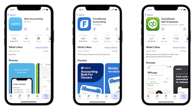 A side-by-side comparison of the Apple app store pages for Xero Accounting, FreshBooks Accounting, and QuickBooks Self-Employed Accounting.