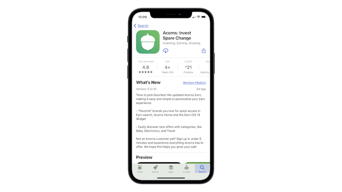 A look at the title section on the Apple app store page for Acorns: Invest Spare Change.