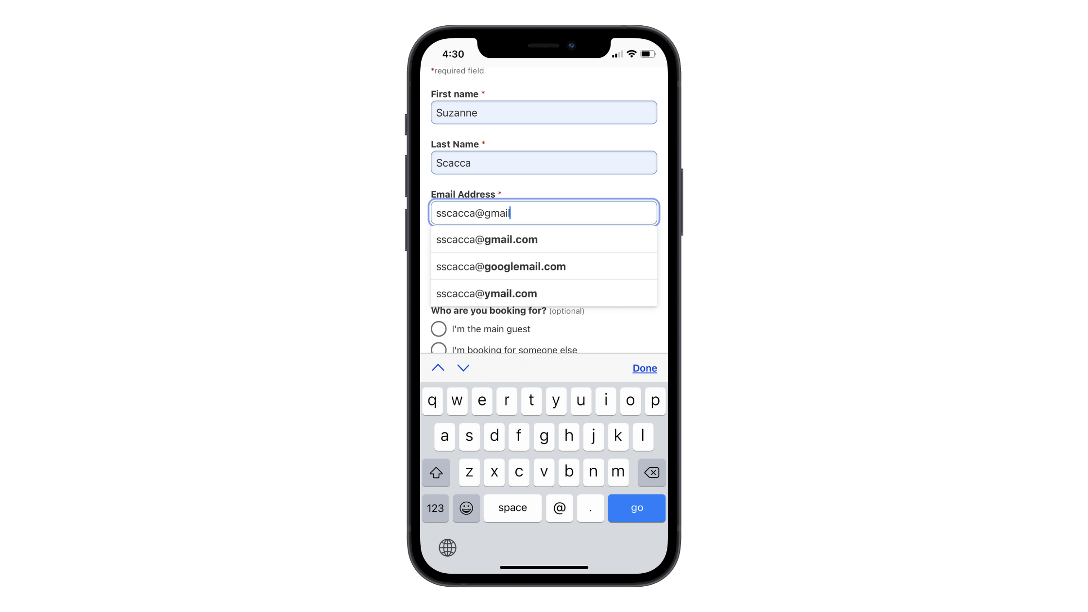 Booking.com helps users fill out its checkout form with autofill. In this example, the customer has started to fill out their email address. When the “@” is typed, autofill options for @gmail.com, @googlemail.com, and @ymail.com appear.