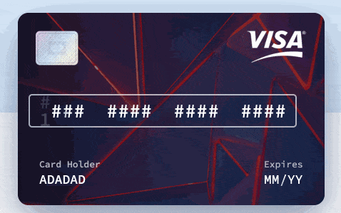 A form for a credit card displayed like a physical credit card. As the user types, the # symbol changes with a bounce. The first four numbers of the card fill in, then the next eight fill in with an asterisk, and the last four fill in with numbers. Then the form goes to the card holder’s name.