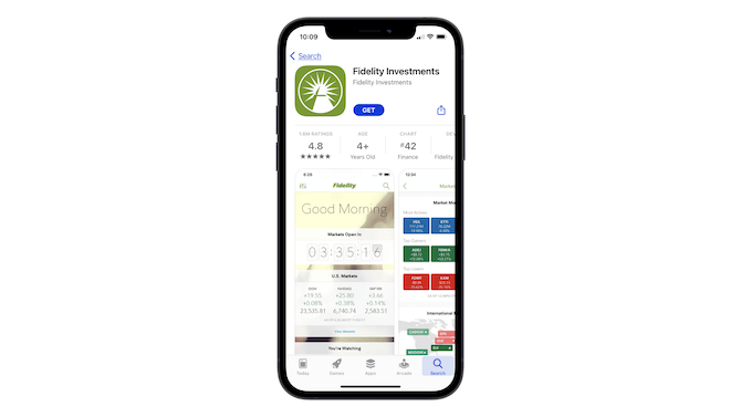 This is the Apple app store page for Fidelity Investments. The first preview users see is a “Good Morning” screenshot from within the app that shows market data.