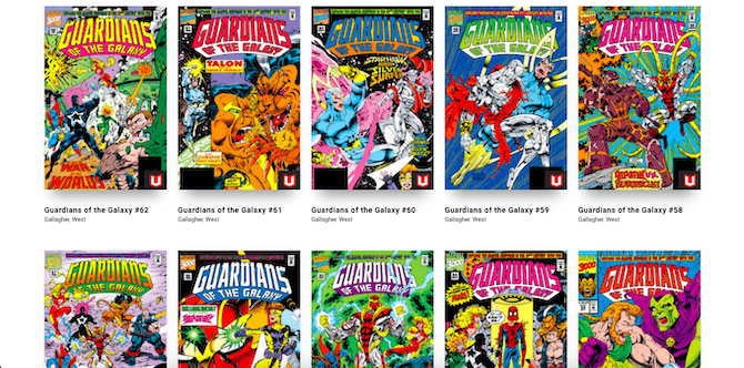 The Marvel website has issues for Guardians of the Galaxy from 1990 to 1994. Each issue contains brightly colored costumed heroes fighting their way around the galaxy.