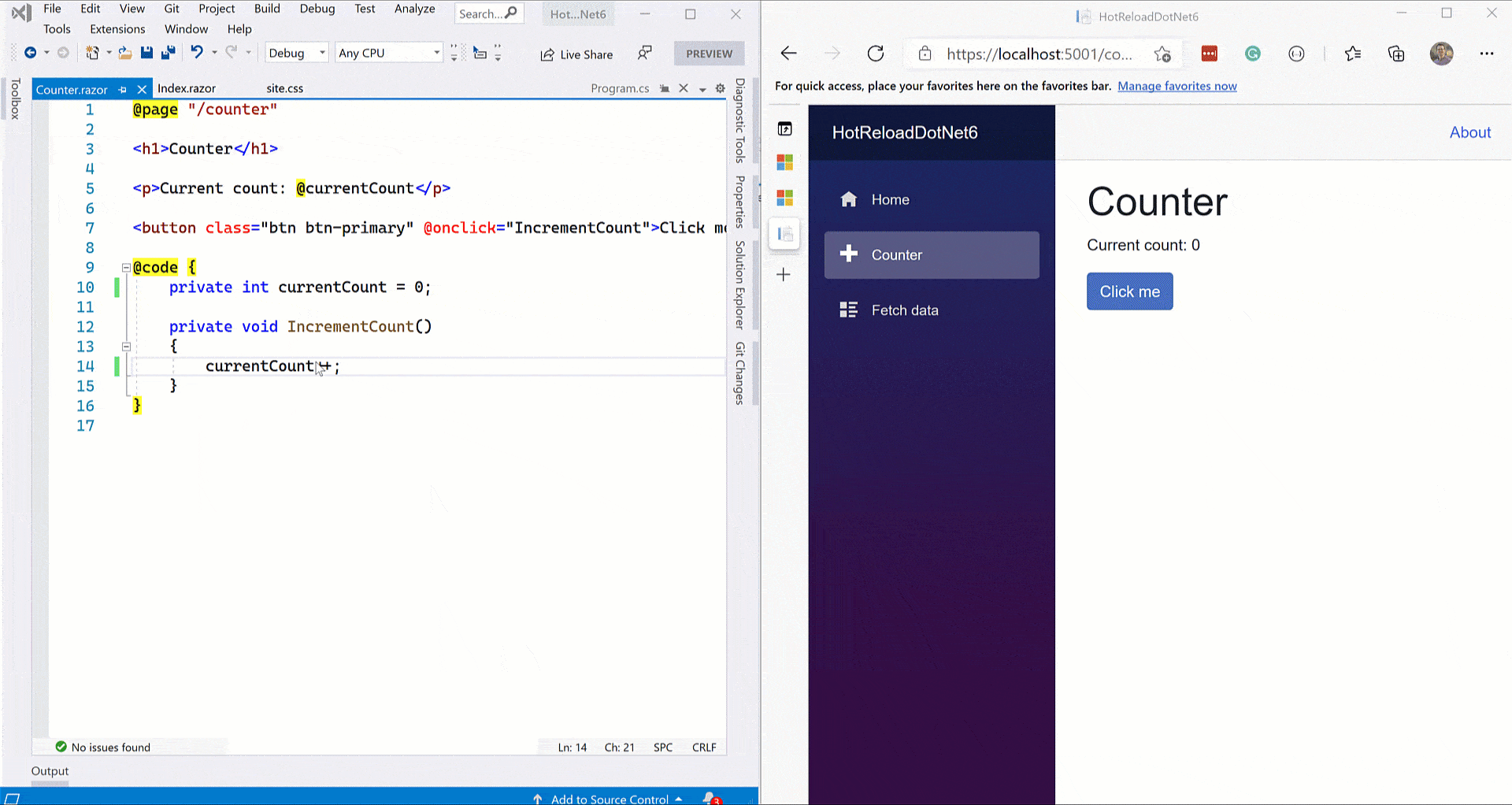 When I resolve my error, a rebuild occurs. Removing the mistyped s on currentCounts brings up a busy indicator on the browser for about one second, and then the page is reloaded.
