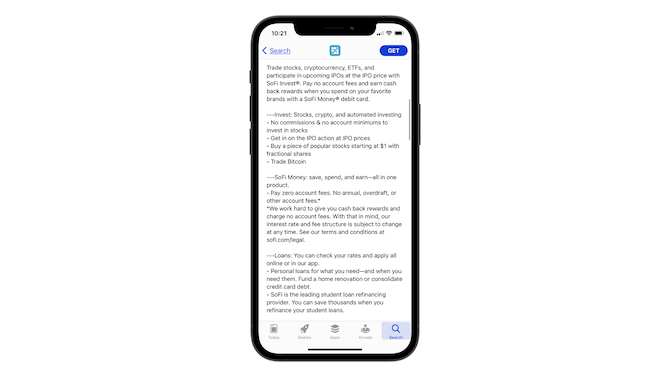 The SoFi mobile app description in the Apple app store uses spaces for paragraph breaks, triple dash-marks (---) to highlight features, and dots for bullet points.