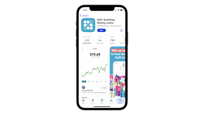 A look at the title section on the Apple app store page for SoFI: Investing, Money, Loans.