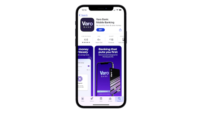 The last Preview card shown on the Varo Bank app store page says “Banking that puts you first” and it shows its banking card and banking app beneath it.