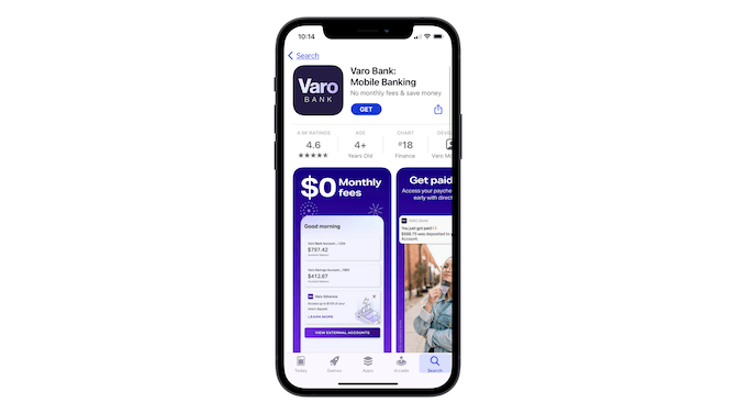 The Apple app store page for Varo Bank advertises its $0 Monthly fees before any of its other features in the Previews section.
