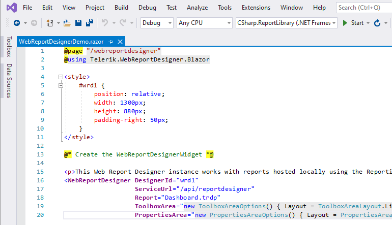 A glimpse at some code related to Blazor Web Report Designer, including a style section and @* Create the WebReportDesignWidget *@