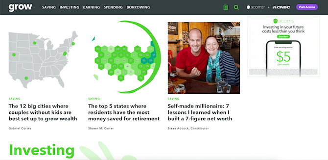 A snapshot of the Acorns’ investment blog “Grow”. We see blog posts on “The 12 big cities where couples without kids are best set up to grow wealth”, “The top 5 states where residents have the most money saved for retirement”, and “Self-made millionaire: 7 lessons I learned when I built a 7-figure net worth”.