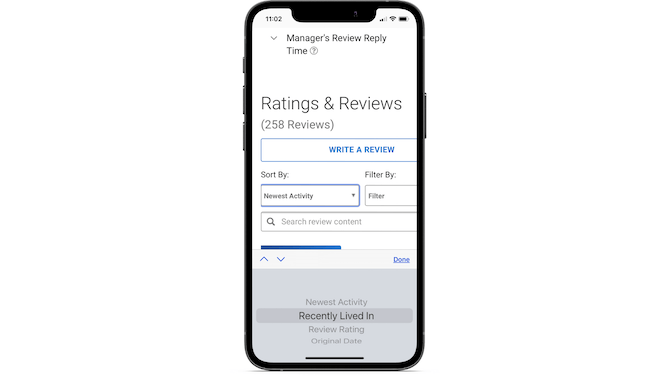 The apartment ratings website enables visitors to sort renter reviews by Newest Activity, Recently Lived In, Review Rating and Original Date.
