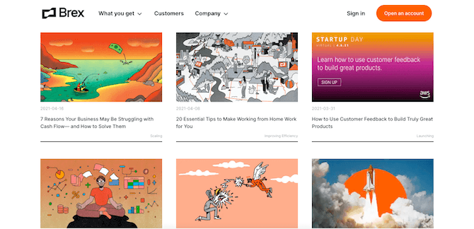 Brex’s blog has a set of custom-designed featured images all done in the same cartoonish, sci-fi style.