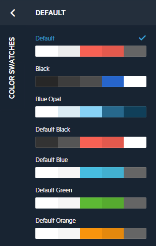 Color swatches panel shows sets of colors for Default (which is selected), Black, Blue Opal, Default Black, Default Blue, Default Green, Default Orange.