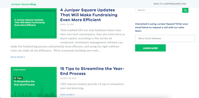 The Juniper Square blog uses a similar template for its blog post featured images. Each uses the same green overlay and left-aligned white header font. The two examples we see are for 4 Juniper Square Updates That Will Make Fundraising Even More Efficient and 15 Tips to Streamline the Year-End Process.