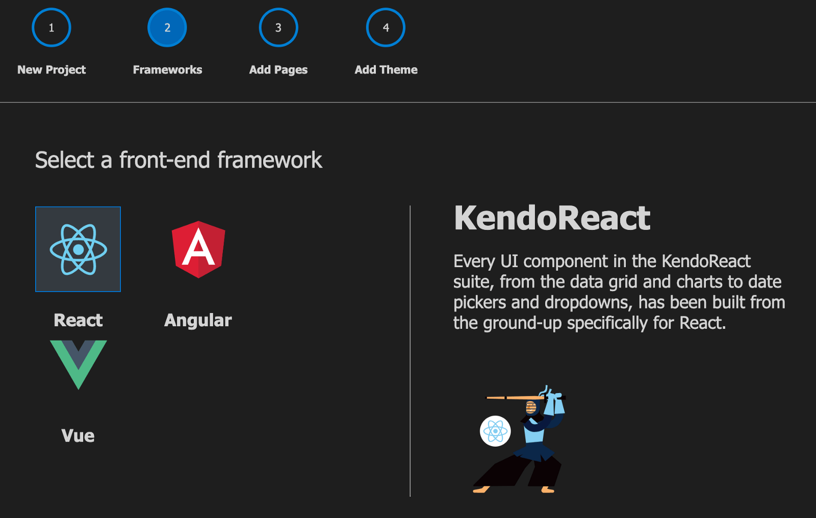 Step 2: Frameworks. Select a front-end framework, with options for React, Angular and Vue. React is highlighted.