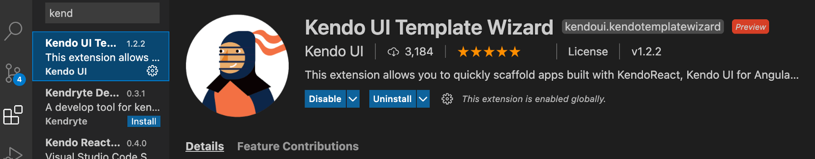 Screencap of Kendo UI Template Wizard on the extensions tab. It has 3,184 downloads and 5 stars.